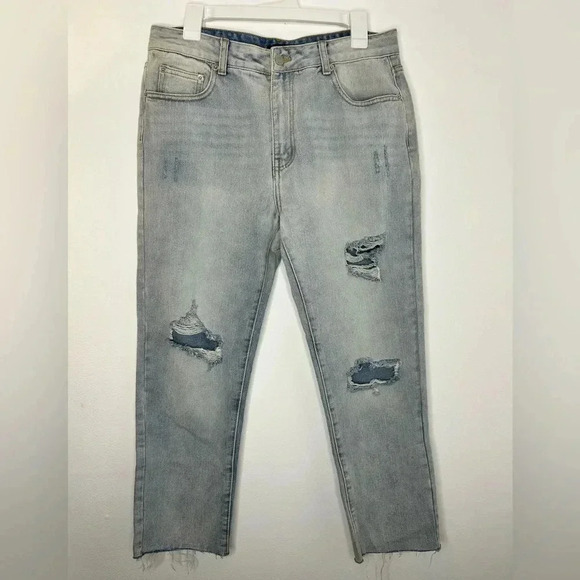 Nasty Gal Jeans Light Wash Denim Distressed Crop Raw Hem High Rise US 12 UK 14 - Picture 3 of 10